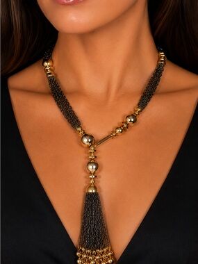Stella & Dot Bianca Tassel Lariat Necklace Gold Bronze 33.5' Boho Retired EUC